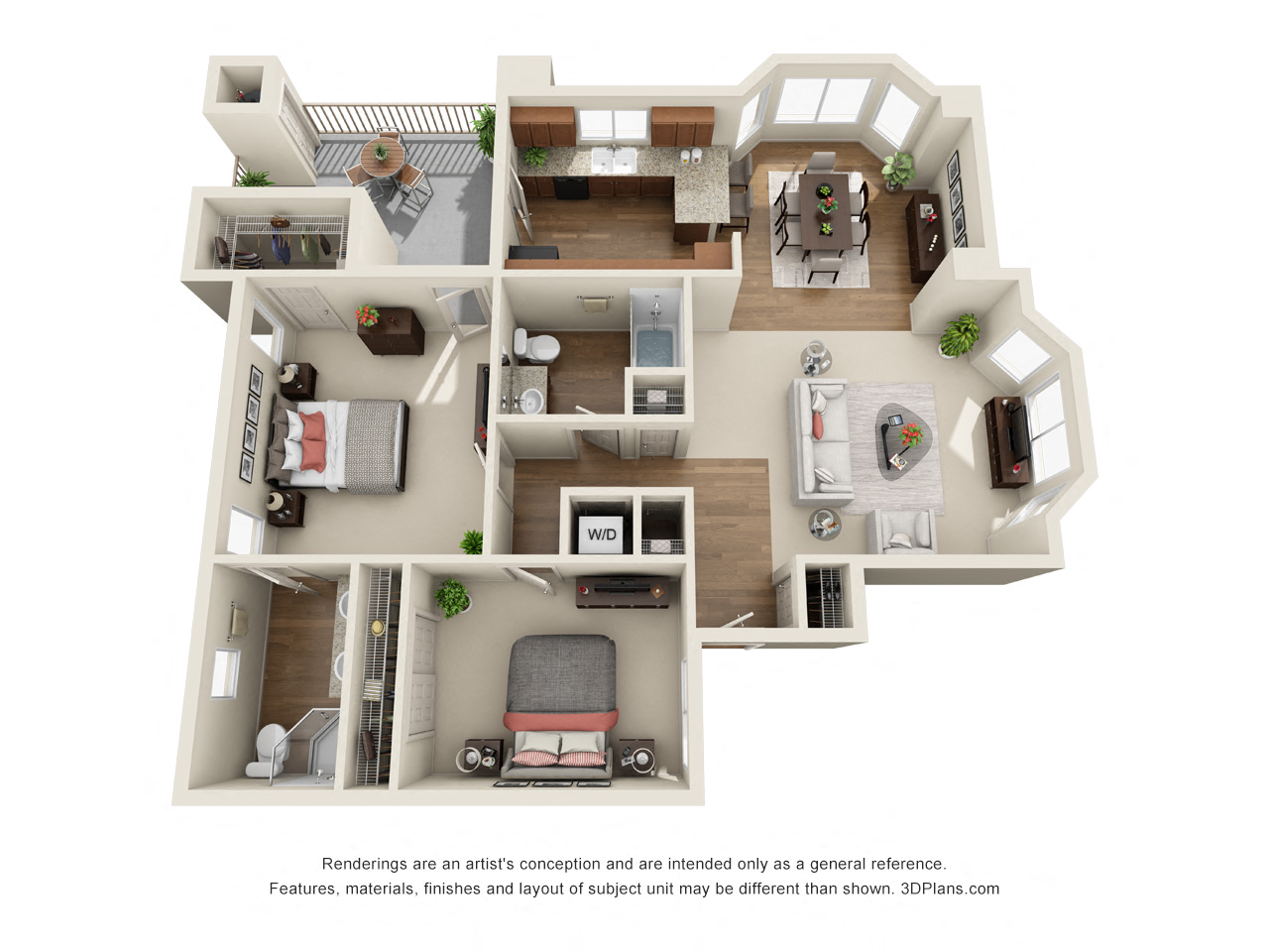 Floor plan for 2 beds, 2 baths, 1214 sqft